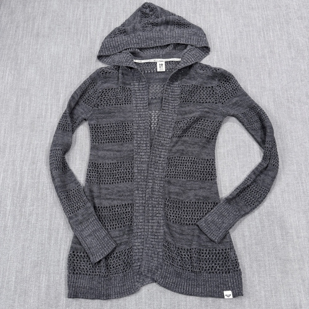 Roxy Womens Charcoal Grey Pointelle Knit Open Front Hooded Cardigan Sweater M